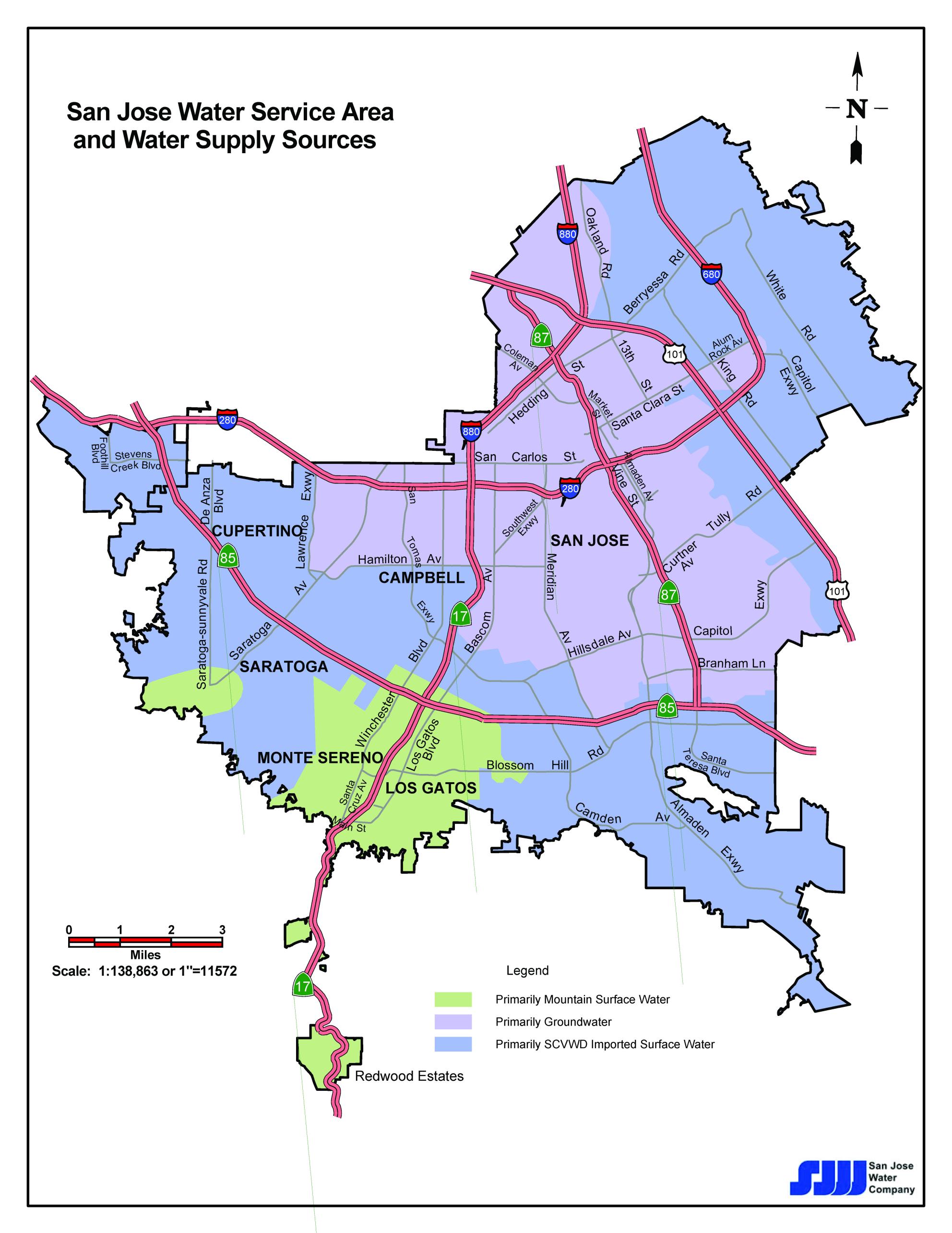 San Jose Water Service Area and Water Supply Sources map