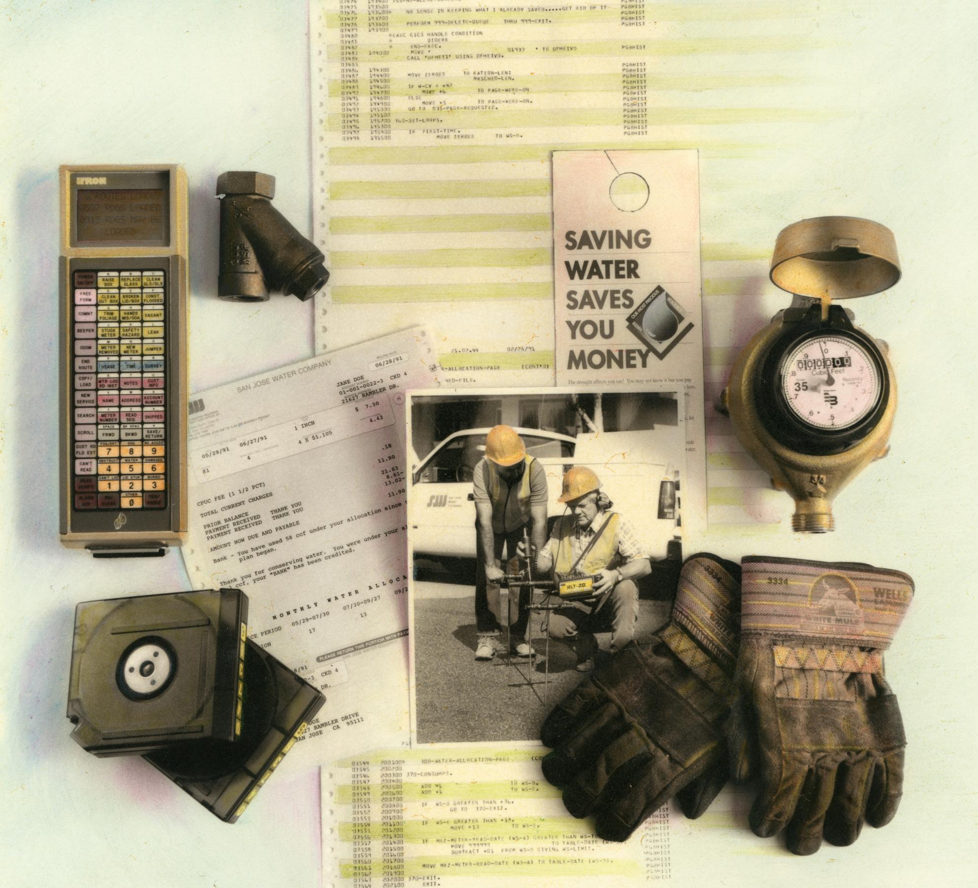 old montage of water servicing items like a meter, work gloves and bills
