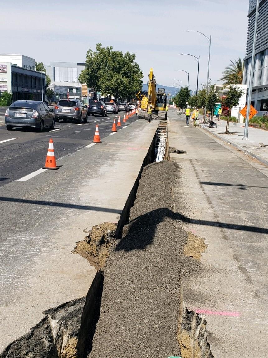The trench being filled on Stevens Creek Blvd. 